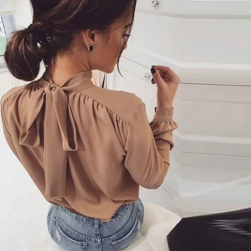 Women Back Bow Bakcge Blouse Long Sleeve Stand Collar Solid Elegant Backless Summer Blouse
