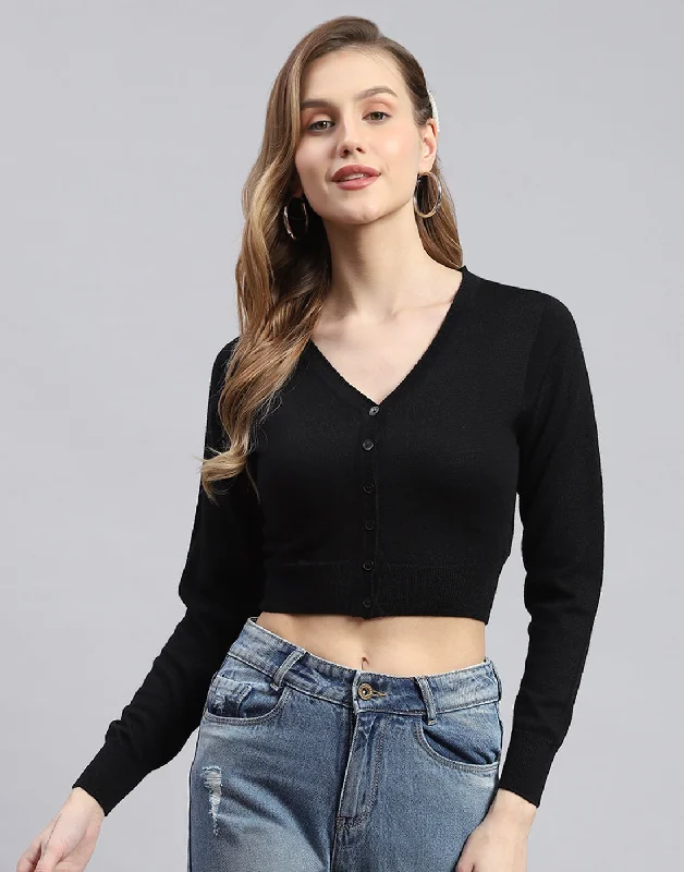 Women Black Solid V Neck Full Sleeve Blouse Elegant Office Blouse