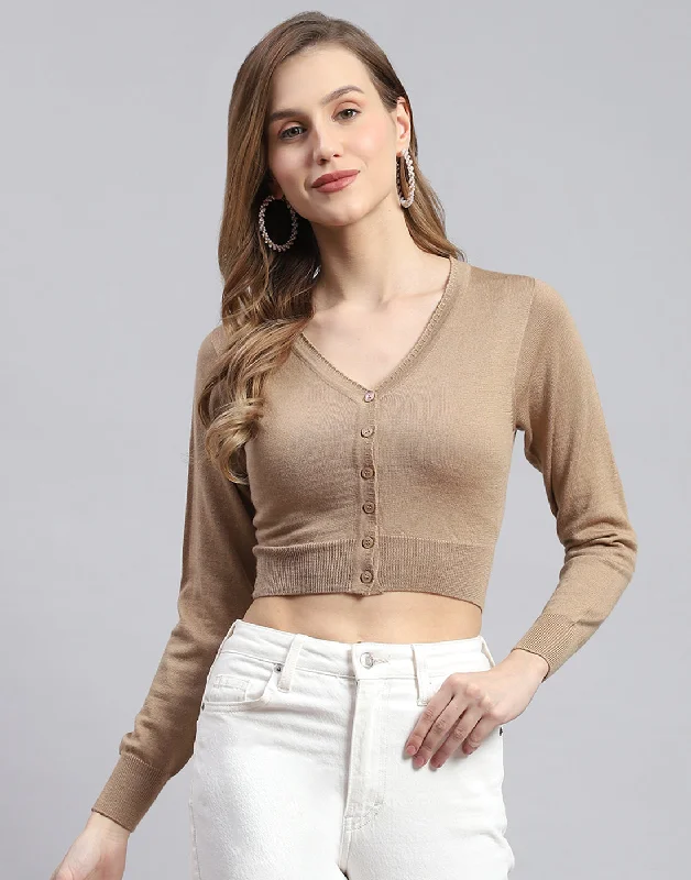 Women Brown Solid V Neck Full Sleeve Blouse Stretchy Fitted Blouse