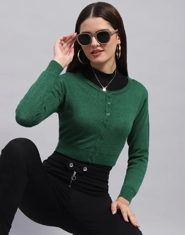 Women Green Solid Round Neck Full Sleeve Blouse Loose Fit Blouse