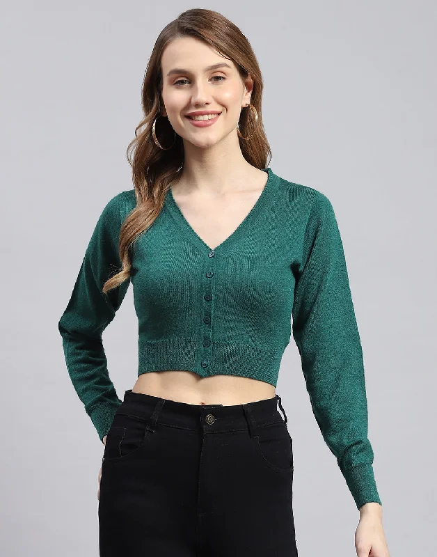 Women Green Solid V Neck Full Sleeve Blouse Loose Fit Blouse