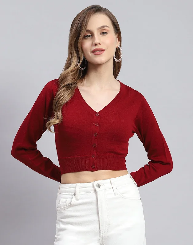 Women Maroon Solid V Neck Full Sleeve Blouse Lightweight Floral Blouse