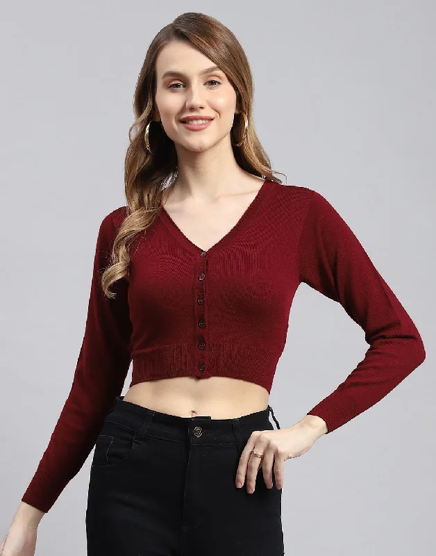 Women Maroon Solid V Neck Full Sleeve Blouse Delicate Pleat Blouse