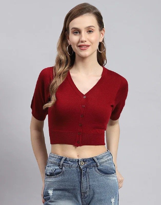 Women Maroon Solid V Neck Half Sleeve Blouse Feminine Pastel Blouse