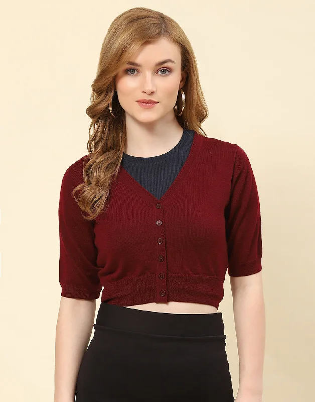 Women Maroon Solid V Neck Half Sleeve Blouse Soft Knit Blouse
