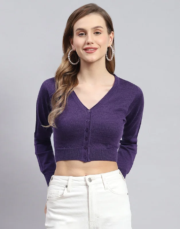 Women Purple Solid V Neck Full Sleeve Blouse Soft Pastel Blouse