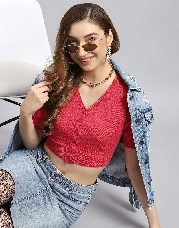 Women Red Solid V Neck Half Sleeve Blouse Slim Fit Blouse
