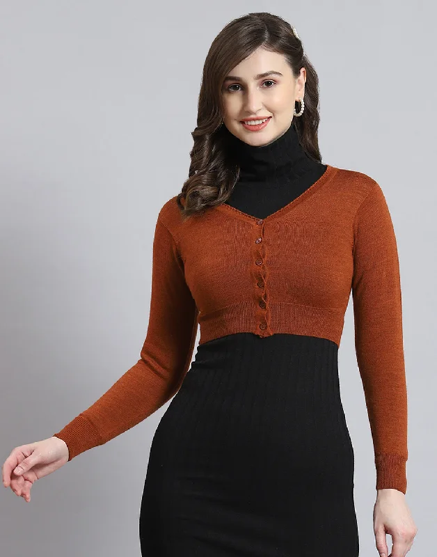 Women Rust Solid V Neck Full Sleeve Blouse Soft Satin Blouse