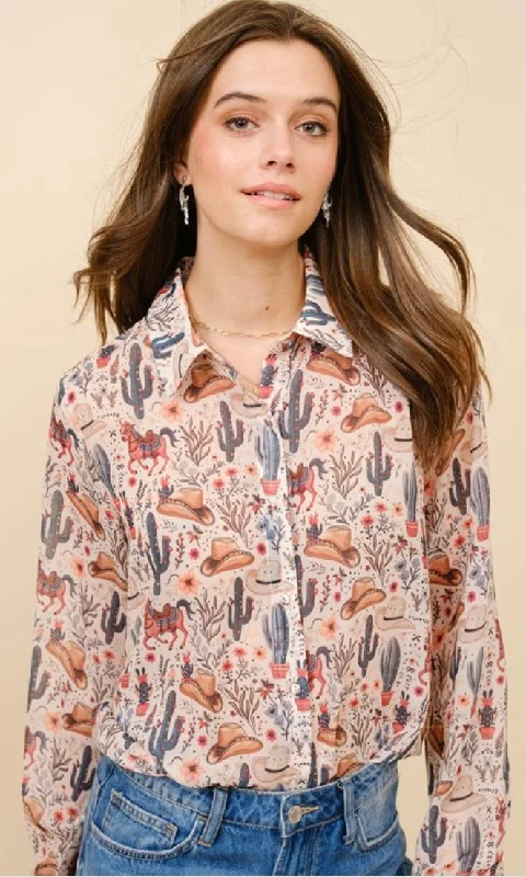 Women’s Beige Western Print Blouse Semi-Sheer Blouse