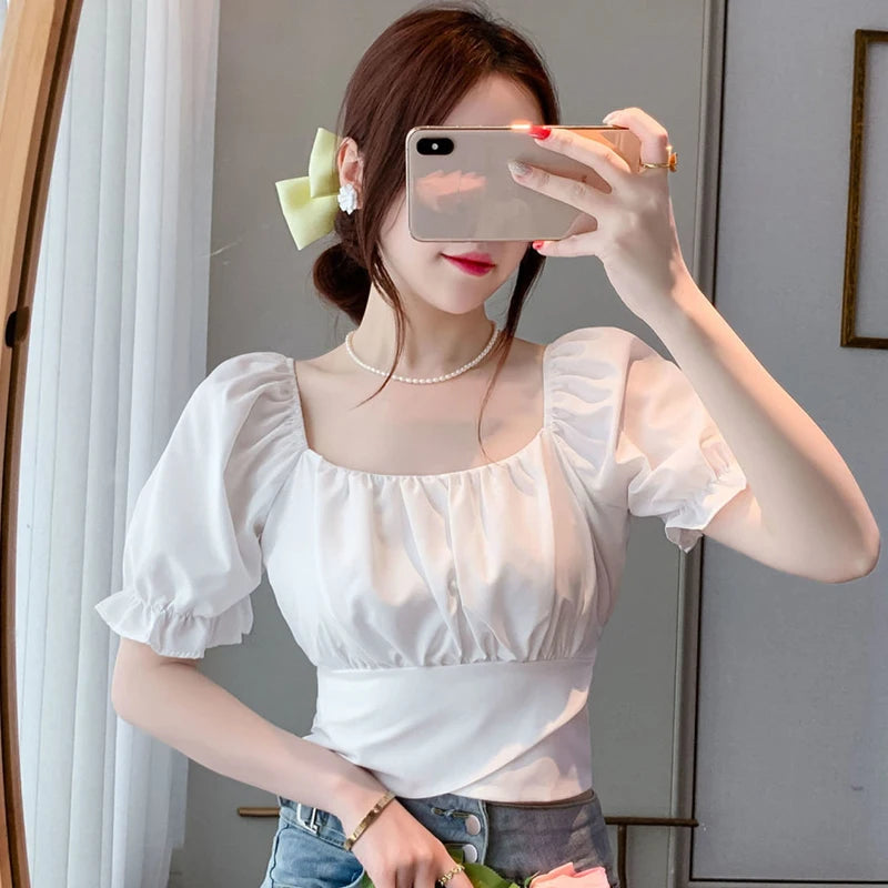 Women Summer Chiffon Crop Blouse Chic Wrap Blouse