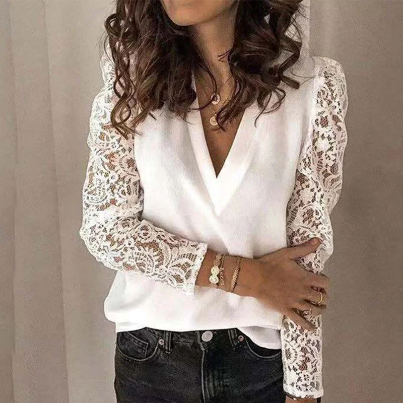 Women V-neck Lace Hollow Out Blouse Patchwork Long Sleeve Versatile Layering Blouse
