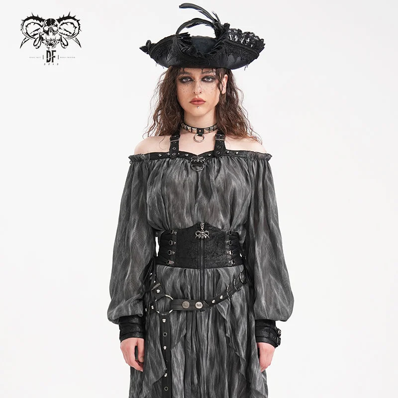 Women's Gothic Buckle-up Halter Long Sleeve Blouses Casual Relaxed Fit Blouse