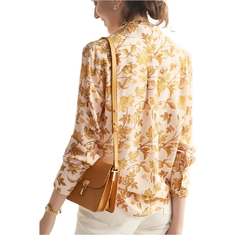 Women's Silk Elegant Floral Printed Pattern Turn-down Collar Long Sleeve Blouse Silky Tunic Blouse