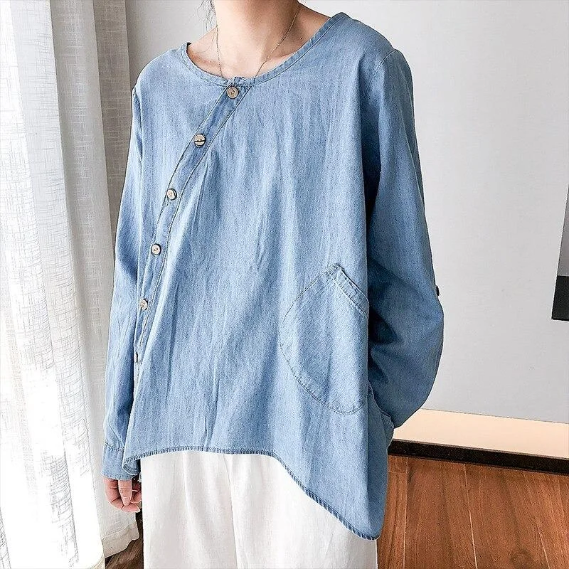 Women's Slant Oblique Button Irregular Roll Up Sleeve Washed Blue Blouse Classic Striped Blouse Women's Slant Oblique Button Irregular Roll Up Sleeve Washed Blue Blouse Classic Striped Blouse