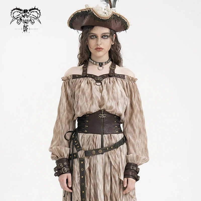Women's Steampunk Buckle-up Halter Long Sleeve Blouses Coffee Off-Shoulder Wrap Blouse