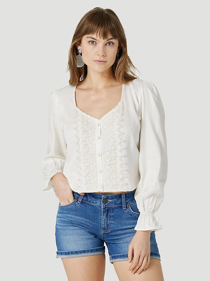 WOMEN'S WRANGLER RETRO BOHO CROCHET BUTTON BLOUSE IN SUGAR SWIZZLE Elegant Office Blouse