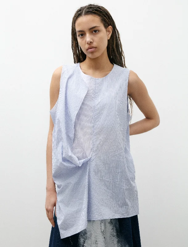 Front Drape Sleeveless Blouse Light Blue Stripes Casual Button Blouse
