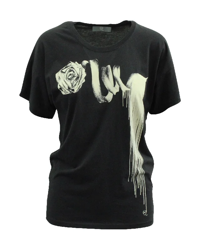 Alexander McQueen Rose Print Pattern T-Shirt in Black Cotton Knit Fabric Woven Fabric Fleece Fabric