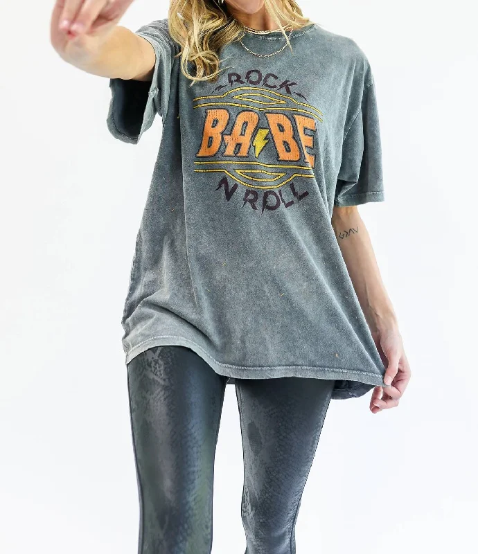 Babe Rock N' Roll Graphic Tee In Denim Anti-Shrink Durable Soft