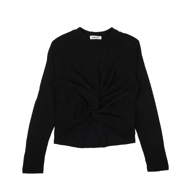 Black Viscose Knot Detail Long Sleeve T-Shirt Front Pockets Side Pockets Patch Pockets