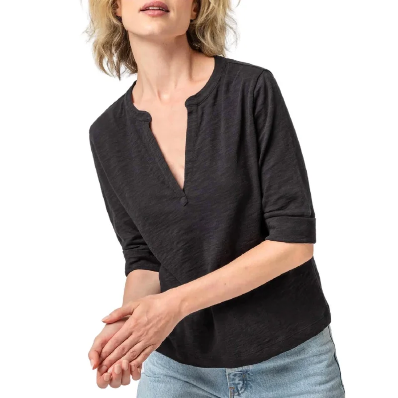Elbow Sleeve Split Neck Tee In Black Mesh Fabric Canvas Fabric Denim Fabric