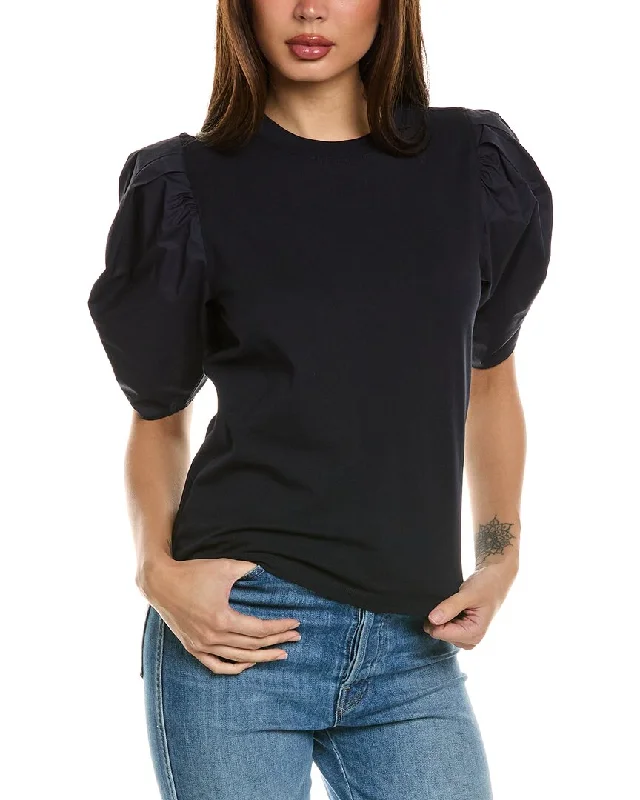 FRAME Denim Pleated Puff Sleeve T-Shirt Nylon Fabric Polyester Fabric Spandex Fabric