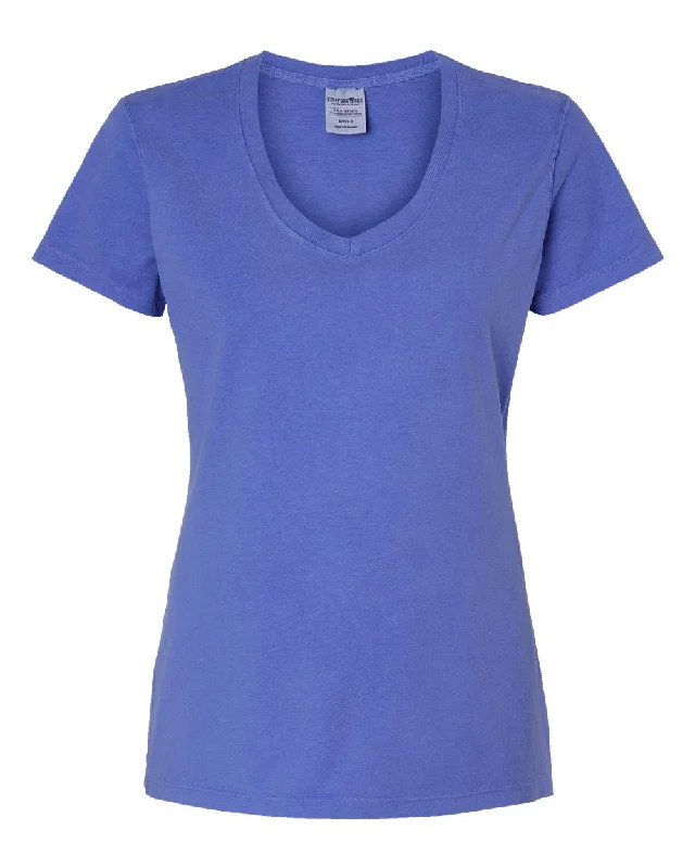 Garment-Dyed Women's V-Neck T-Shirt Ribbed T-Shirt High Neck Heavyweight