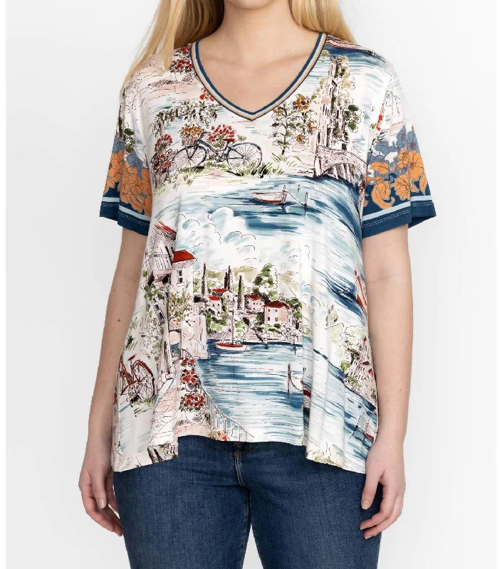 Janie Fav Short Sleeve V-Neck Swing Tee In Vakash Zippered Buttoned Snapped