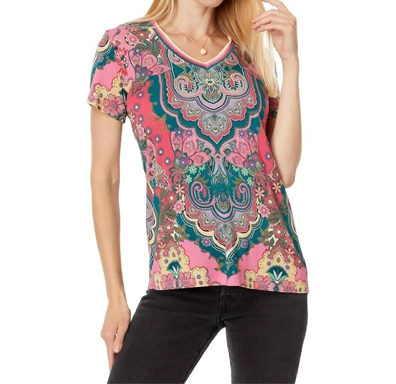 Janie Favorite Short Sleeve V-Neck Tee In Paisley Melody Casual Formal Business