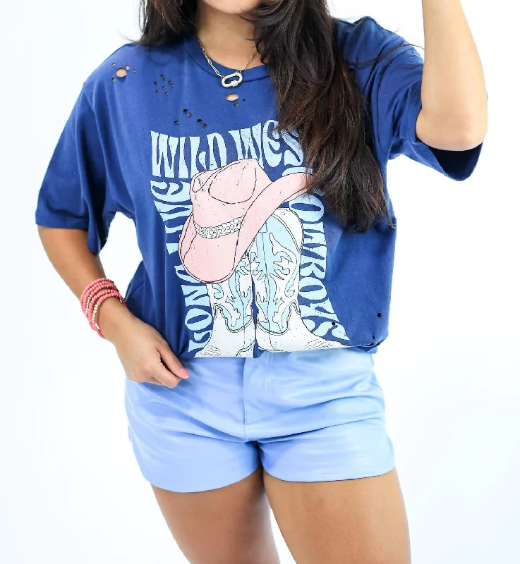 Long Live Wild West Tee In Indigo Notch Collar Peter Pan Collar Cowl Neck