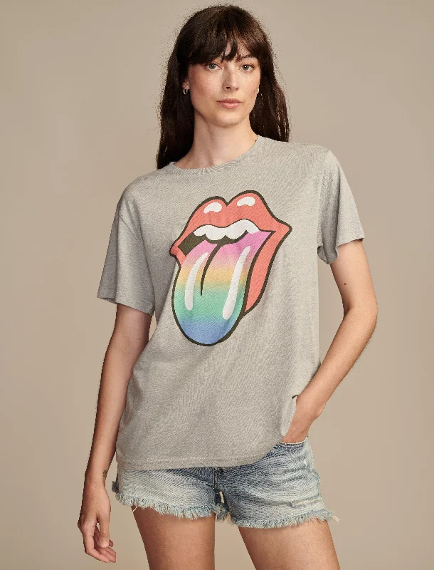 Lucky Brand Women's Rolling Stones Rainbow Tongue Boyfriend Tee Houndstooth Herringbone Solid