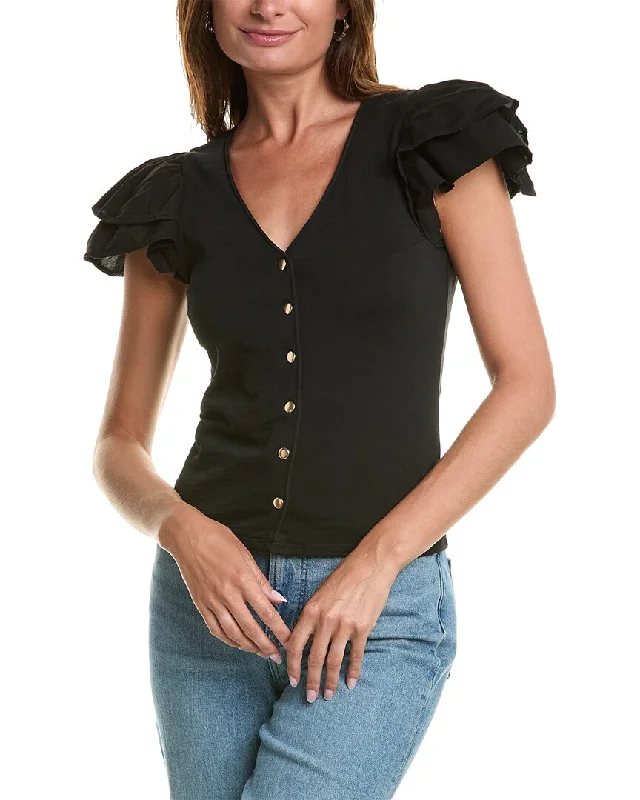 Nation LTD Maria Femme Snap T-Shirt Notch Collar Peter Pan Collar Cowl Neck