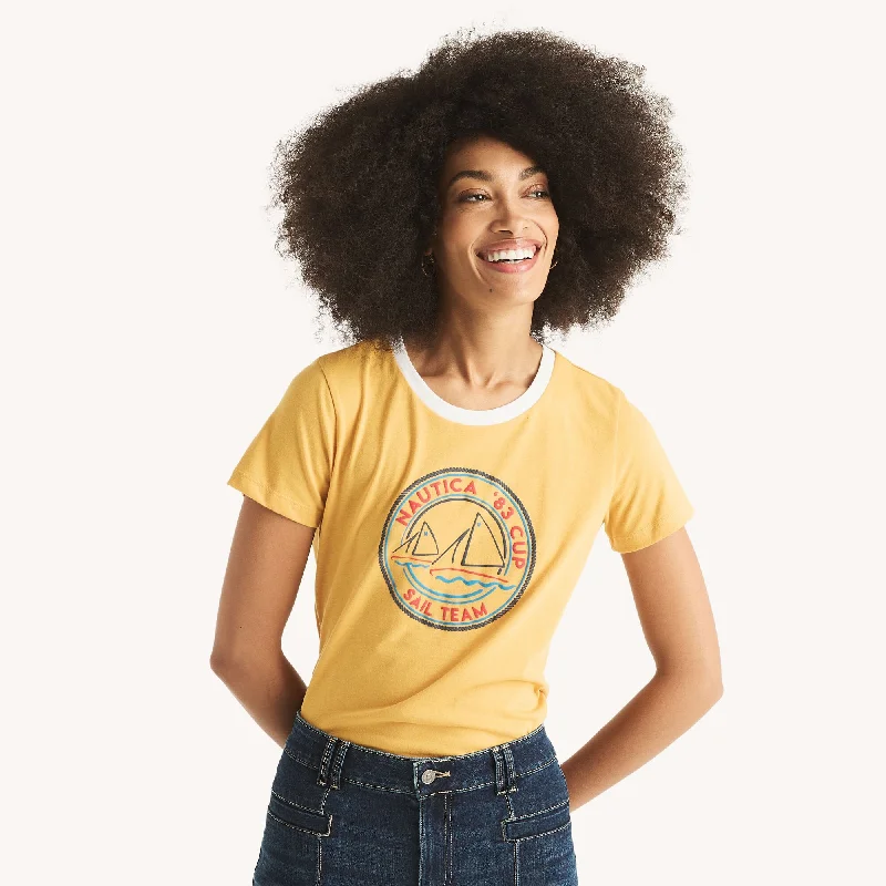 Nautica Womens 83 Cup Sail Team Graphic T-Shirt Ribbed Striped Patterned