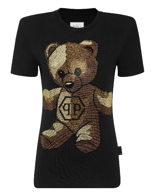 Padded Shoulder Sleeveless T-Shirt Sexy Pure Fit with Crystals Teddy Bear Mesh Blend Leather Blend Suede Blend