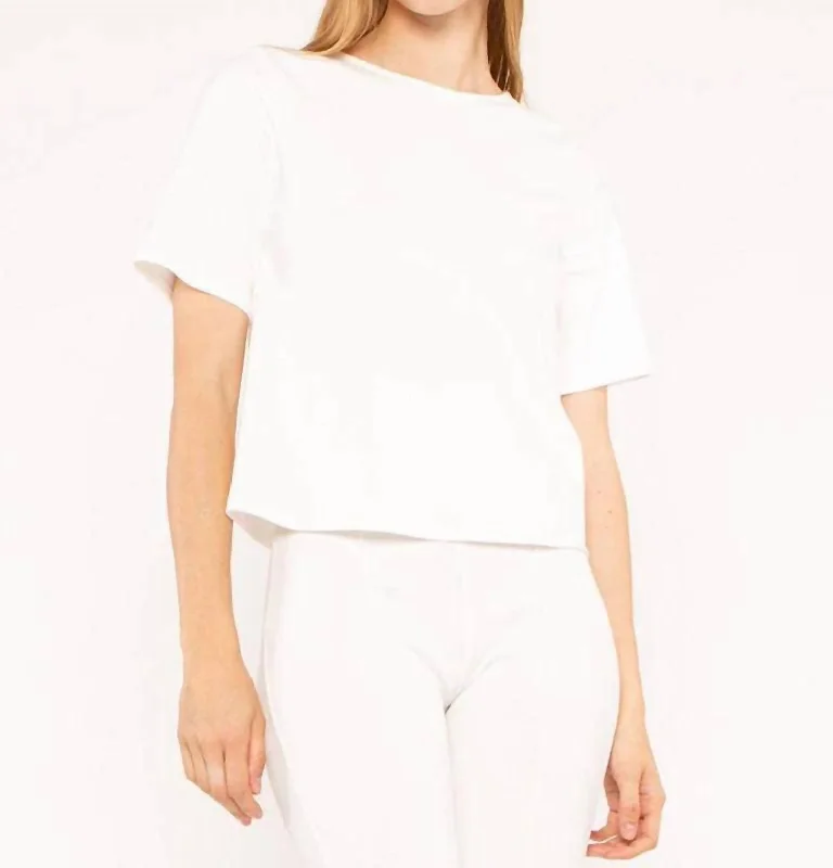 Ponte Knit Short Sleeve Extended Tee In Off White Zippered Front Buttoned Front Snap Front