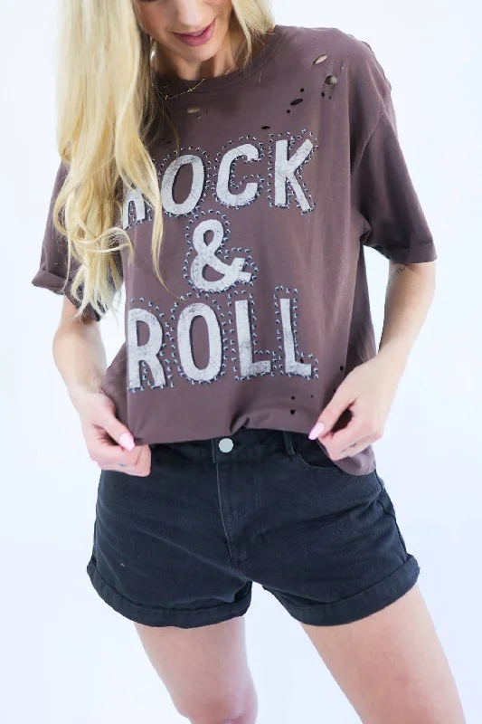 Rock N' Roll Tee In Brown Terry Blend Velvet Blend Canvas Blend