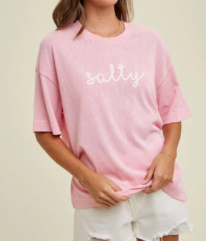 Salty Cursive Tee In Pink Houndstooth Herringbone Solid