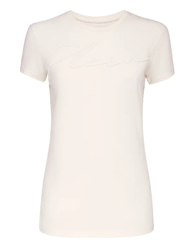 Satin T-shirt Round Neck SS Embroidery Signature Machine Wash Dry Clean Hand Wash