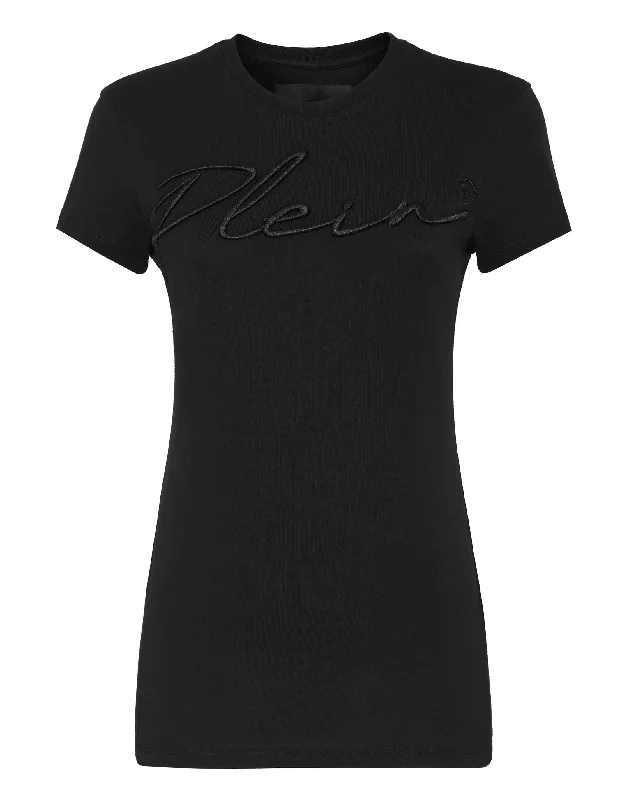 Satin T-shirt Round Neck SS Embroidery Signature Hooded Caped Shawl Collar