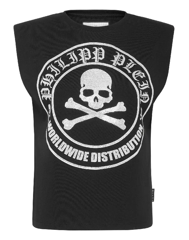 Sleeveless T-shirt Crystal Skull with Crystals Houndstooth Herringbone Solid