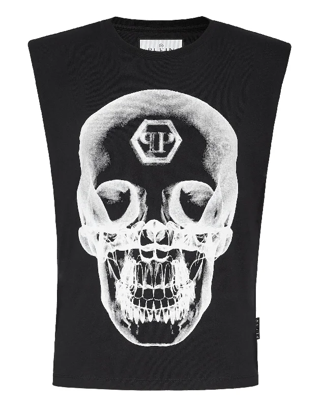 Sleeveless T-shirt Skull Real Fur Shearling Chenille