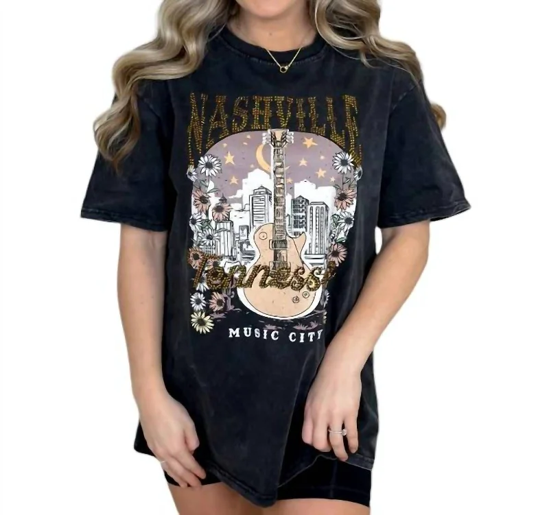 Star Studded Nashville Tee In Washed Black Graphic Embroidered Appliqued