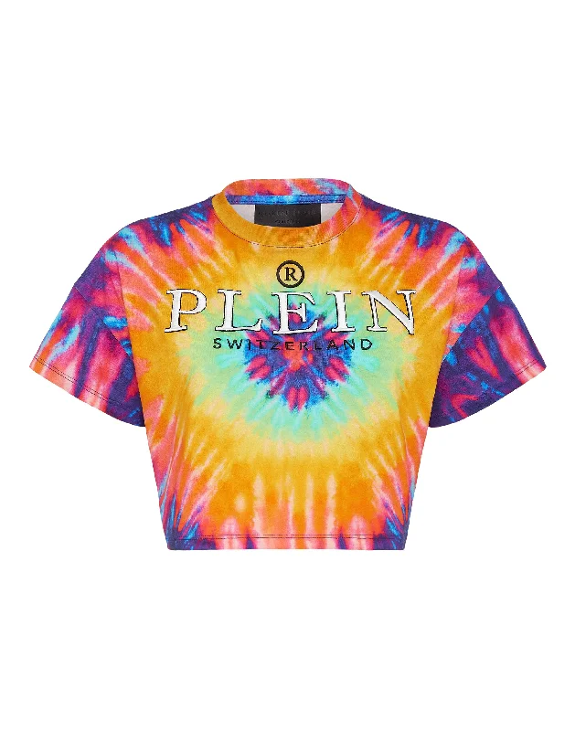 T-shirt Crop Round Neck SS Tie dye Chenille Blend Fleece Blend Nylon Blend