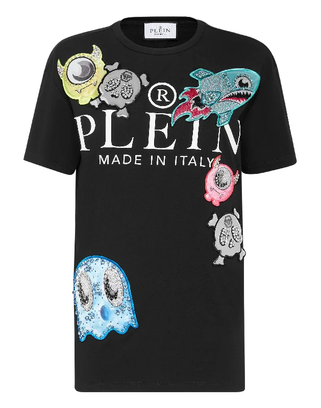 T-shirt Round Neck Man fit Monsters with Crystals Jersey Fabric Tulle Fabric Batik Fabric