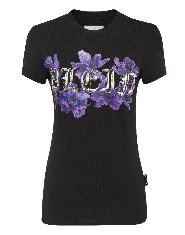 T-shirt Round Neck Sexy Pure Fit Flowers Terry Blend Velvet Blend Canvas Blend