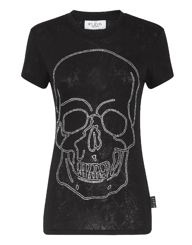 T-shirt Round Neck Sexy Pure Fit Skull Print Jacquard Patchwork