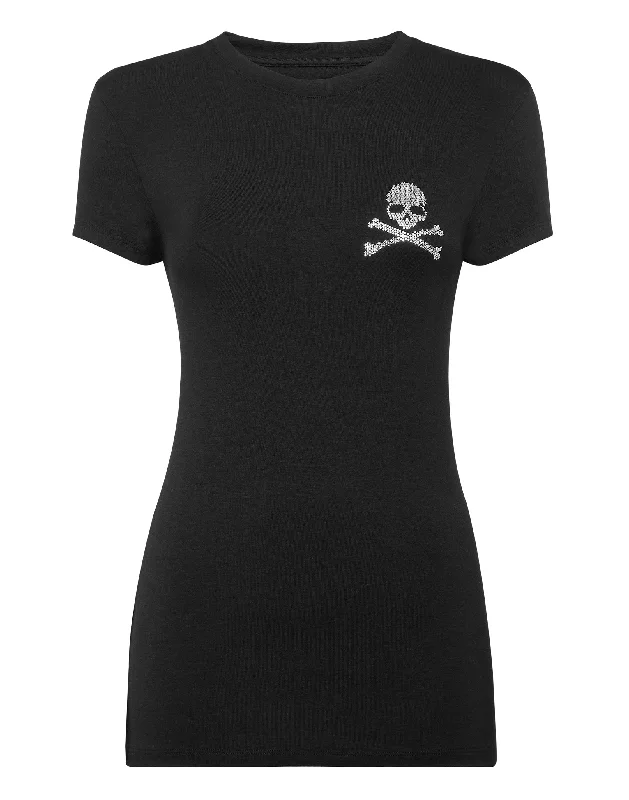 T-shirt Round Neck SS Beaded Sequined Faux Fur