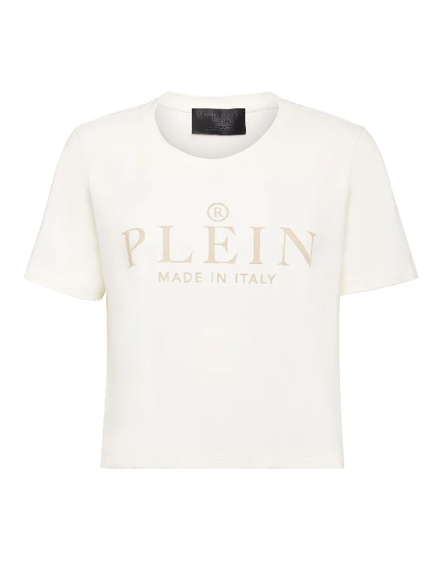 T-shirt Round Neck SS Crop Iconic Plein Wool Fabric Cashmere Fabric Tweed Fabric