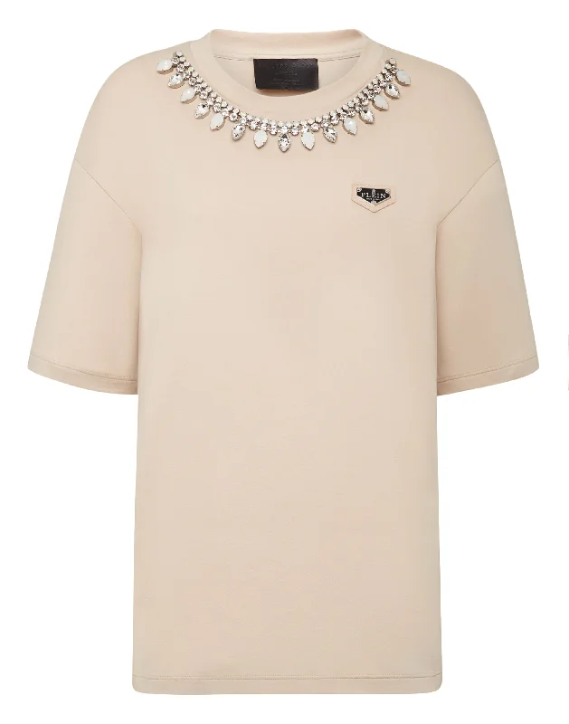 T-shirt Round Neck SS Crystal Chain Solid Print Embellished