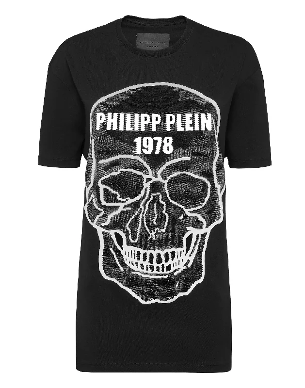 T-shirt Round Neck SS Crystal Skull Collared T-Shirt Boat Neck A-Line